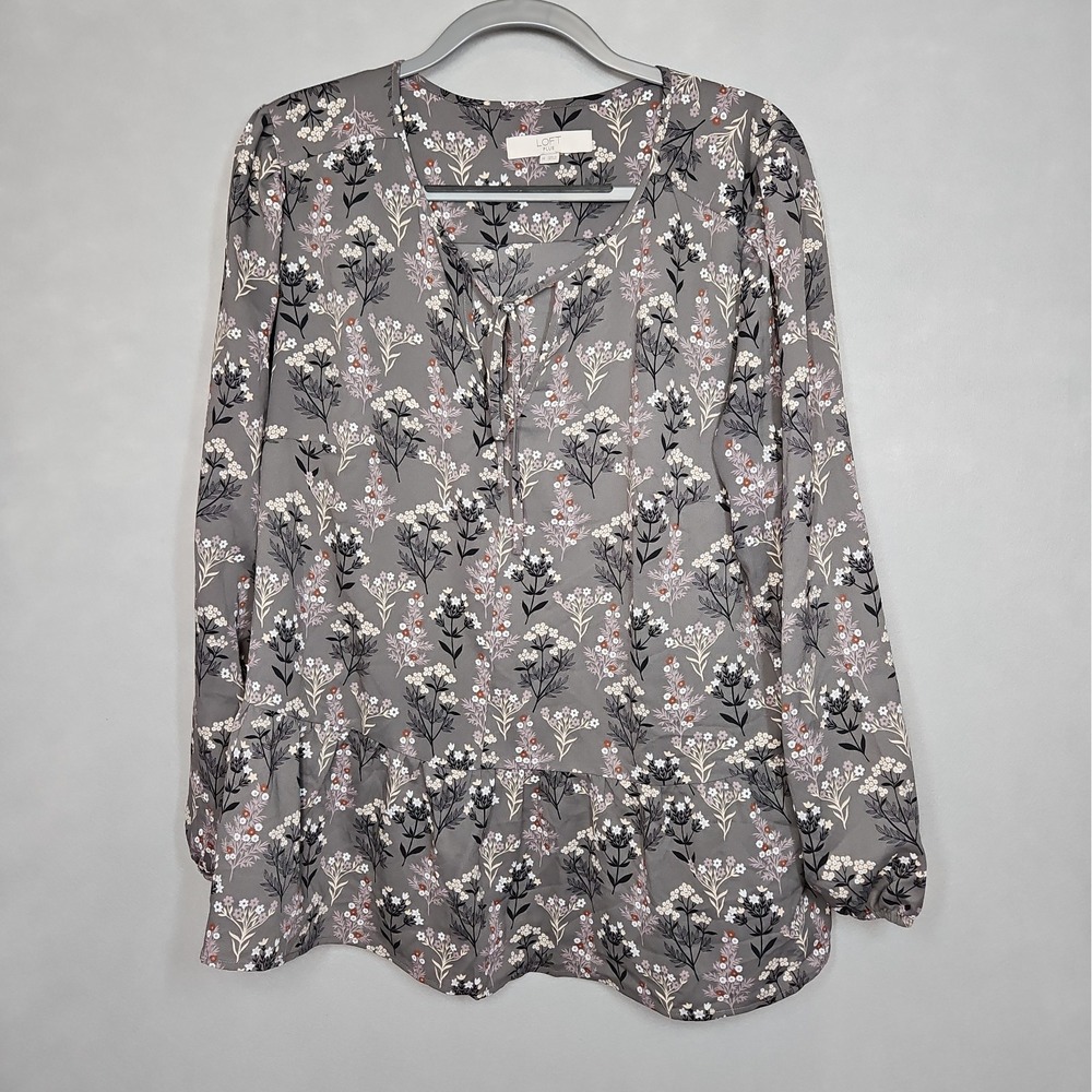 Loft Plus Womens Gray Floral V Neck Long Sleeve Blouse Size 18